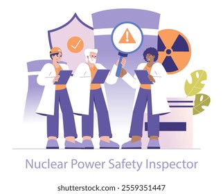 Nuclear Power Safety Inspection concept. Diverse team of inspectors ensuring plant safety, with clipboard, magnifying glass, and radiation symbol. Vector illustration.