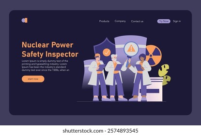 Nuclear Power Safety Inspector concept. Professionals monitoring and ensuring the safe operation of a nuclear facility. Nuclear risk management and safety protocols. Vector illustration.