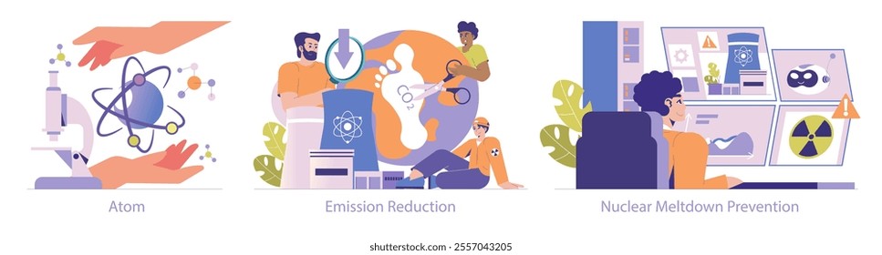 Nuclear Power set. Atom study, emission reduction strategies, and nuclear meltdown prevention practices. Clean energy and safety protocols in atomic science. Vector illustration.