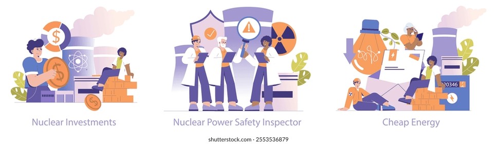 Nuclear Power set. Economic aspects, safety inspection, and affordability visualized. Investment benefits, stringent regulation, and cost-effective solutions are featured. Vector illustration.