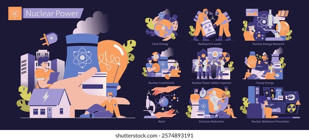 Nuclear Power set. Energy production, radioactivity management, and electric supply depicted. Reactor operations, scientific research, and safety protocols featured. Vector illustration.