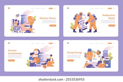 Nuclear power set. Illustrations of energy generation, radioactive waste management, financial investment and affordability. Efficient, modern atomic technology themes. Vector illustration.