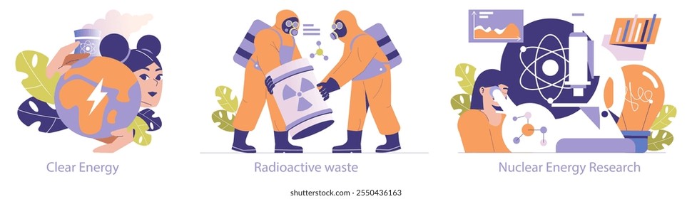 Energia nuclear. Geração segura de energia, manuseio de resíduos perigosos e pesquisa atômica avançada. Eletricidade limpa, protocolos de proteção, inovação na ciência nuclear. Ilustração vetorial.