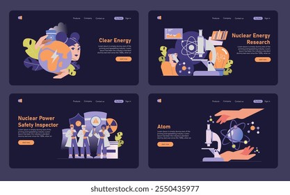 Energia nuclear. Energia sustentável, pesquisa avançada, segurança dos funcionários e estrutura atômica. Exploração e segurança na indústria nuclear. Ilustração vetorial.