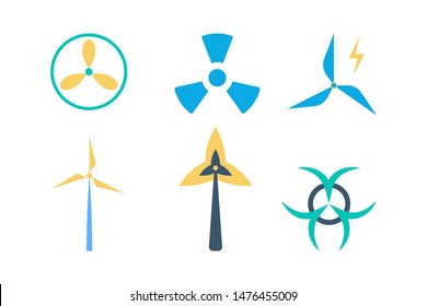 Nuclear power sign and wind power symbol set. Electric energy, environment friendly. Isolated vector illustration in flat style