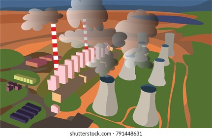 Nuclear power station with clouds view from the sky. Vector illustration