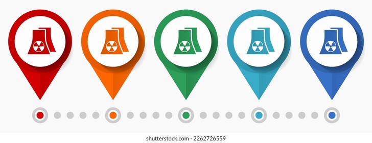 Nuclear power station concept vector icon set, flat design power plant pointers, infographic template easy to edit