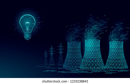 Nuclear power station cooling tower low poly. 3d render ecology pollution save planet environment concept triangle polygonal. Radioactive nuclear reactor electricity vector illustration