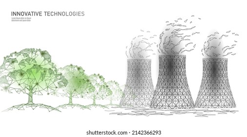 Torre de enfriamiento de la central nuclear de bajo polígono. 3 d hacer que la contaminación ecológica salve el concepto de medio ambiente del planeta triángulo poligonal. Ilustración del vector eléctrico del reactor nuclear radiactivo