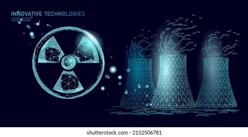 Nuclear power station cooling tower low poly. 3d render ecology pollution save planet environment concept triangle polygonal. Radioactive nuclear reactor electricity vector illustration