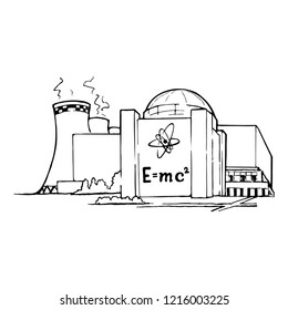 Nuclear power station as an example of relatively clean but potentially risky way of generating electricity. Sketch style drawing isolated on a white background. EPS10 vector illustration