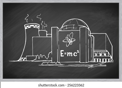 Nuclear power station as an example of relatively clean but potentially risky way of generating electricity. EPS10 vector illustration in a sketchy style imitating scribbling on the blackboard.