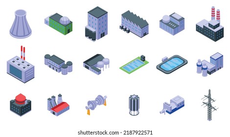 Symbole von Kernkraftwerken setzen isometrische Vektorgrafik. Strom. Atomturm