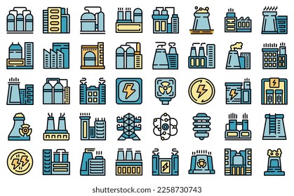 Nuclear power station icons set outline vector. Power energy. Nuclear atom color line on white isolated