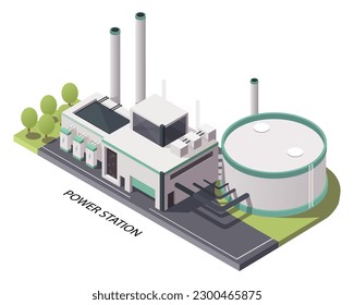 Central nuclear. Construcción de energía industrial en diseño isométrico 3d. Planta de energía y estación alternativa de generación de electricidad verde. Potencia del reactor. Ilustración del vector