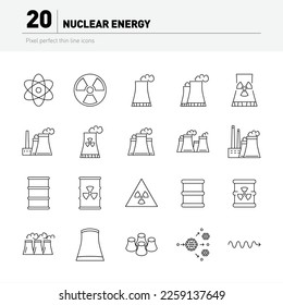 Nuclear power station, reactors and nuclear energy generation related facilities. Twenty pixel perfect icons.