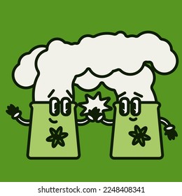 Nuclear power station retro vintage style vector illustration isolated. Ecological alternative electricity power of future. Atom for kids cartoon funny style. 50th 60th 70th hero image. 