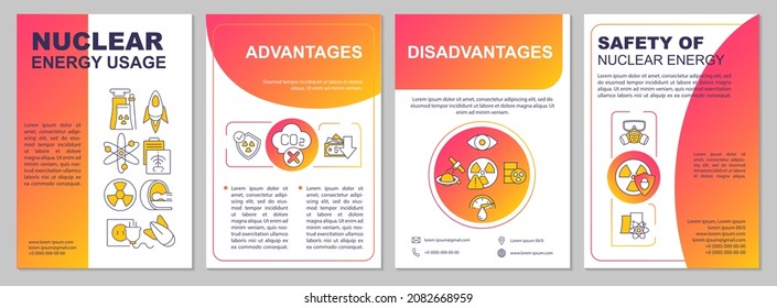 Nuclear power usage brochure template. Safety of atomic energy. Flyer, booklet, leaflet print, cover design with linear icons. Vector layouts for presentation, annual reports, advertisement pages