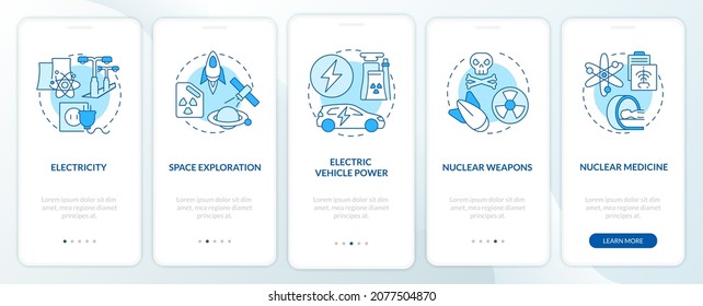 Nuclear power usage onboarding mobile app page screen. Electric vehicle energy walkthrough 5 steps graphic instructions with concepts. UI, UX, GUI vector template with linear color illustrations