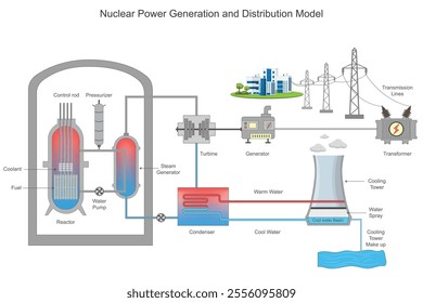 Nuclear power uses uranium or plutonium for fission, generating heat to produce steam. This drives turbines, generating electricity, which is distributed through extensive power grids efficiently