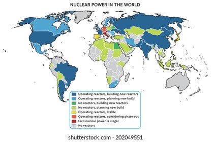 Nuclear power in the world. Based on actual data from 2014. Vector map.