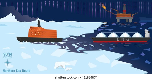 Nuclear Powered Ice Breaker, LNG Tanker And Drilling Platform. Production And Transportation Of Oil And Gas In The Arctic Ocean. Vector Illustration