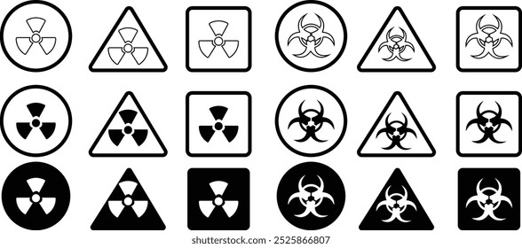 nuclear Radiação química ícone biológico conjunto Símbolo tóxico, Símbolo de risco biológico, Elementos de design gráfico vetorial Rótulo de perigo Ícone de aviso. Alerta de ameaça radioativa. Área de radiação sobre fundo transparente