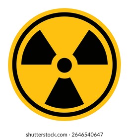 ícone do símbolo de risco de radiação nuclear. Este desenho plano representa perigo radioativo ou energia nuclear. Comumente usado em sinais de aviso, rótulos de segurança ou conteúdo relacionado à energia nuclear.