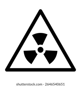 ícone do símbolo de risco de radiação nuclear. Este desenho plano representa perigo radioativo ou energia nuclear. Comumente usado em sinais de aviso, rótulos de segurança ou conteúdo relacionado à energia nuclear.