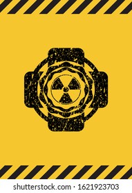 nuclear, radioactive icon black grunge emblem with yellow background. Vector Illustration. Detailed.