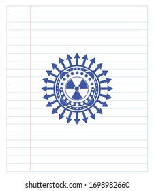 nuclear, radioactive icon drawn with pen strokes. Blue ink. Vector Illustration. Detailed.