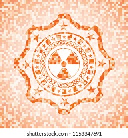 nuclear, radioactive icon inside abstract orange mosaic emblem