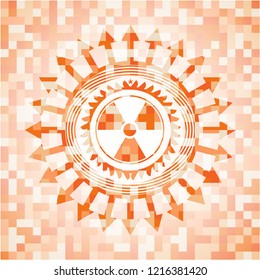 nuclear, radioactive icon inside abstract orange mosaic emblem