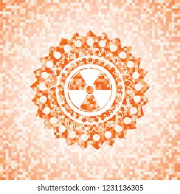 nuclear, radioactive icon inside abstract orange mosaic emblem with background