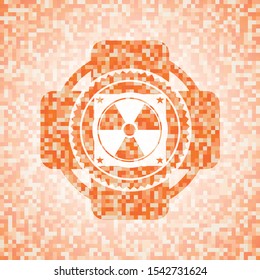nuclear, radioactive icon inside abstract orange mosaic emblem