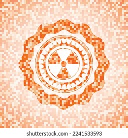 nuclear, radioactive icon inside abstract emblem, orange mosaic background. 