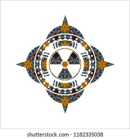 nuclear, radioactive icon inside arabesque emblem background. arabic decoration.
