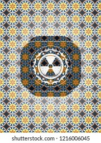 nuclear, radioactive icon inside arabesque badge. arabic decoration.