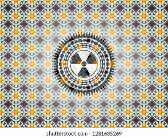 nuclear, radioactive icon inside arabesque style emblem. arabic decoration.