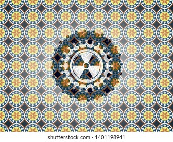 nuclear, radioactive icon inside arabesque emblem background. arabic decoration.