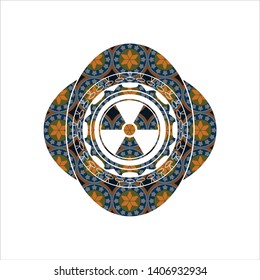 nuclear, radioactive icon inside arabesque emblem. arabic decoration.