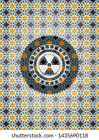 nuclear, radioactive icon inside arabesque emblem background. arabic decoration.