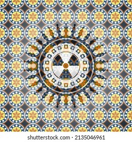 nuclear, radioactive icon inside arabesque emblem background. arabic decoration. 