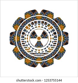 nuclear, radioactive icon inside arabic emblem. Arabesque decoration.