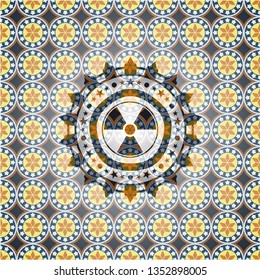 nuclear, radioactive icon inside arabic emblem. Arabesque decoration.