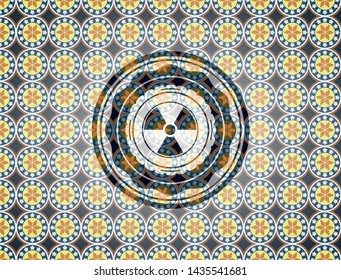 nuclear, radioactive icon inside arabic emblem. Arabesque decoration.