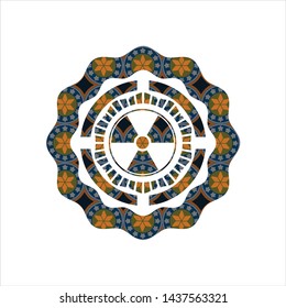 nuclear, radioactive icon inside arabic style emblem. Arabesque decoration.