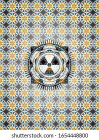 nuclear, radioactive icon inside arabic style emblem. Arabesque decoration.