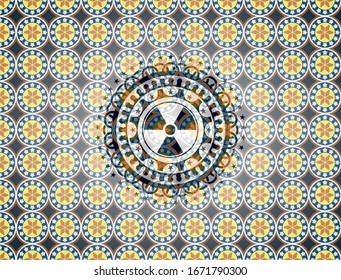 nuclear, radioactive icon inside arabic emblem. Arabesque decoration.