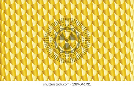nuclear, radioactive icon inside gold emblem or badge. Scales pattern. Vector Illustration. Detailed.